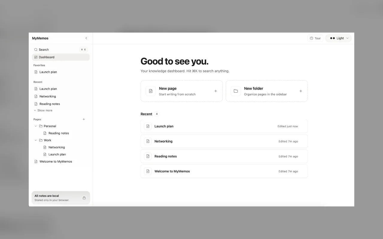 MyMemos dashboard on a new tab with quick create actions and recent pages