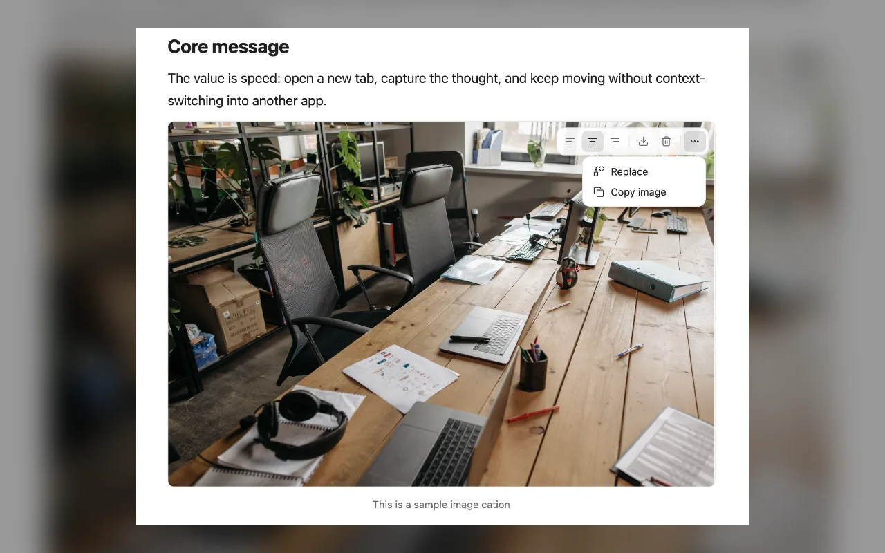Image block in MyMemos with caption and controls for align, replace, and copy