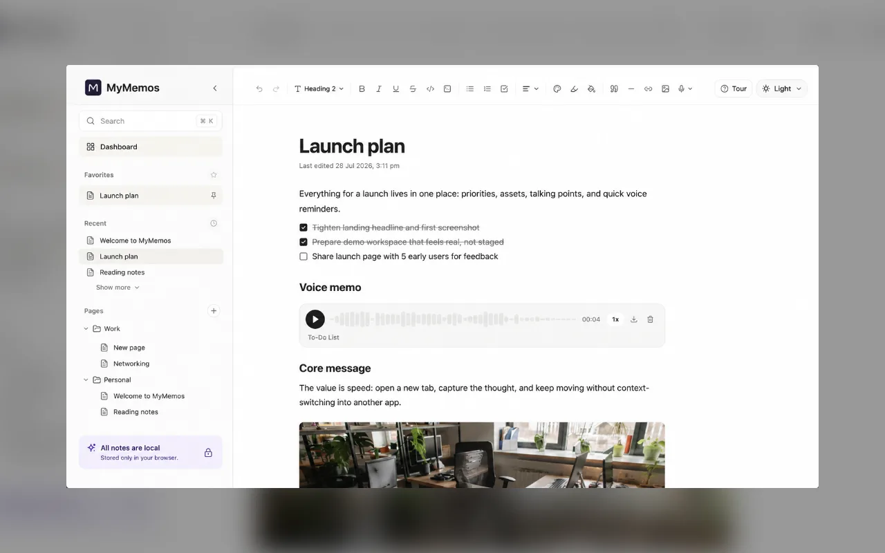 Nested folders in the MyMemos sidebar beside a page with task list and voice note